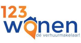 123Wonen logo met oranje en blauwe tekst en slogan dé verhuurmakelaar! op witte achtergrond.