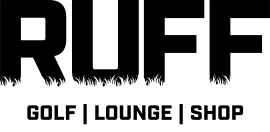 RUFF Golf-logo met de tekst GOLF | LOUNGE | SHOP eronder in een zwart-wit kleurenschema.