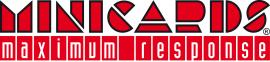 Logo van Minicards met de slogan maximum response in rode en witte blokletters.