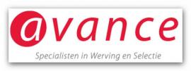 Logo van Avance met rode tekst en slogan Specialisten in Werving en Selectie.