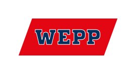 WEPP-logo met witte letters en een blauwe rand op een rode, trapeziumvormige achtergrond.