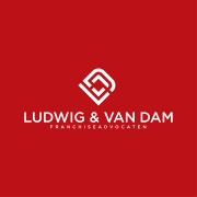 Logo van Ludwig & Van Dam Franchise Advocaten met witte tekst en een grafisch embleem op een rode achtergrond.