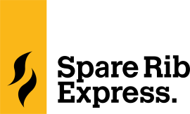 Geel-zwart logo van Spare Rib Express met gestileerde vlammen aan de linkerzijde.