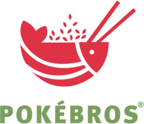 Logo van Pokébros met een gestileerde rode pokébowl en eetstokjes, ondersteund door groene tekst Pokébros.