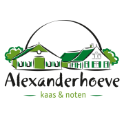 Logo van Alexanderhoeve met illustraties van boerderijen en tekst kaas & noten.