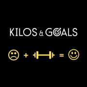 Kilos & Goals-logo met som: verdrietig gezichtje plus halter equals blij gezichtje.