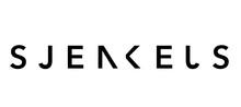Logo van Sjenkels met zwarte, strak vormgegeven letters op een witte achtergrond.