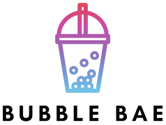 Gestileerd logo van Bubble Bae met een kleurrijke bubble tea beker en tekst eronder.