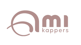 Logo van AMI Kappers met gestileerde letters en tekst in een zachte roze tint.