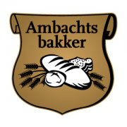 Logo van Ambachtsbakker met brood en graan op een bruine achtergrond.