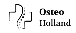 Logo van OsteoHolland met strakke zwarte letters en een abstracte grafische vorm boven de naam.
