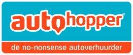 Logo van Autohopper met slogan de no-nonsense autoverhuurder op blauw en oranje achtergrond.
