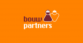 Logo van Bouwpartners met twee gestileerde arbeidersfiguren op oranje achtergrond.