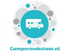 Logo van Campermakelaar.nl met een witte camper in een blauwe cirkel omringd door grijze stippen.