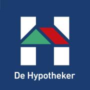 Logo van De Hypotheker met een gestileerd huis in wit, groen en rood op een blauwe achtergrond.