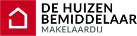 Logo van De Huizenbemiddelaar Makelaardij met rode achtergrond en gestileerd huispictogram.