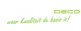 Groene tekst met de woorden DECO waar kwaliteit de basis is! op een witte achtergrond.