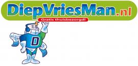 Logo van DiepvriesMan.nl met een cartoonfiguur en de tekst Gratis thuisbezorgd op een groene achtergrond.