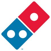 Rood en blauw Domino's Pizza-logo met drie witte stippen.