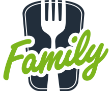 Logo van Family cafetaria met een vork en de tekst Family in groene letters.