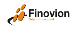 Finovion-logo met de slogan Grip op uw zaak en oranje grafisch element links.