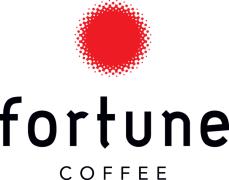 Logo van Fortune Coffee met een rode stip boven de bedrijfsnaam.