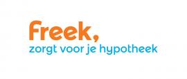 Freek-logo in oranje en blauw met de tekst zorgt voor je hypotheek.