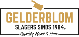 Gelderblom logo met een hakmes en de tekst Slagers sinds 1984, Quality Meat & More.