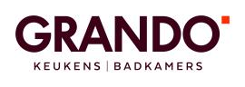 Logo van Grando Keukens | Badkamers met grote donkere letters en een kleine oranje vierkant rechtsboven.