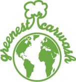 Groen logo met wereldbol, wolk en de tekst greenest carwash.