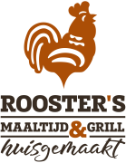 Logo van Rooster's Franchise met een oranje hanenillustratie en de tekst Rooster's Maaltijd & Grill huisgemaakt.