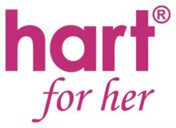 Logo van hart for her met roze tekst op een witte achtergrond.