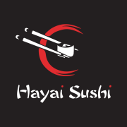 Logo van Hayai Sushi met eetstokjes en rode cirkel op zwarte achtergrond.