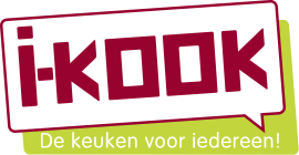 I-Kook logo met slogan De keuken voor iedereen! in een spreekballonontwerp.