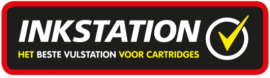 Logo van Inkstation met de slogan Het beste vulstation voor cartridges en een geel vinkje in een cirkel.