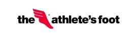 Logo van The Athlete's Foot met rode gevleugelde voet en merknaam in zwarte tekst.