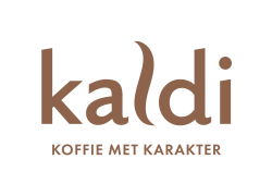 Kaldi logo met de tekst Koffie met karakter in bruine letters.