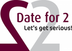 Logo van Date for 2 met de tekst Let's get serious! in een hartvormige compositie.