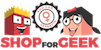 Twee lachende cartoonfiguren naast een logo met rode tandwielen en een vrouwensymbool, met de tekst Shop for Geek.