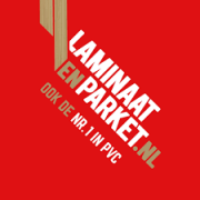 Rood logo van LaminaatenParket.nl met houten accenten en tekst Ook de nr.1 in PVC.