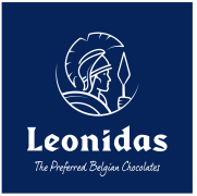 Leonidas-logo met een krijger en de slogan The Preferred Belgian Chocolates op een donkerblauwe achtergrond.