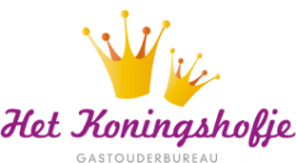 Logo van Het Koningshofje met twee gele kroonillustraties boven de paarse tekst en grijze ondertitel.
