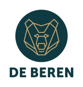 Logo van De Beren met een gestileerd berengezicht in goud op een donkergroene achtergrond en de tekst De Beren eronder.