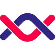 Abstract logo met een paarse en rode lusvormige grafische stijl.