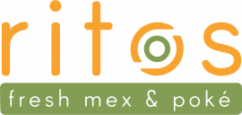 Logo van Ritos met de woorden fresh mex & poké in groene en oranje kleuren.