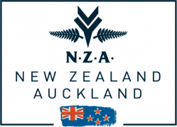 Logo van NZA New Zealand Auckland met varens en de Nieuw-Zeelandse vlag.