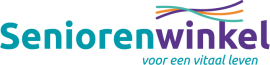 Logo van Seniorenwinkel met slogan 'voor een vitaal leven' en kleurrijke lijnen erboven.