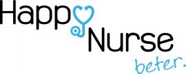 Logo van HappyNurse met gestileerde tekst en een stethoscoop in de vorm van een hart.