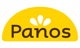 Panos-logo met bruine tekst en witte bloemvorm tegen een gele achtergrond.