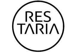 Restaria-logo in een zwarte cirkel met moderne, strakke letters.